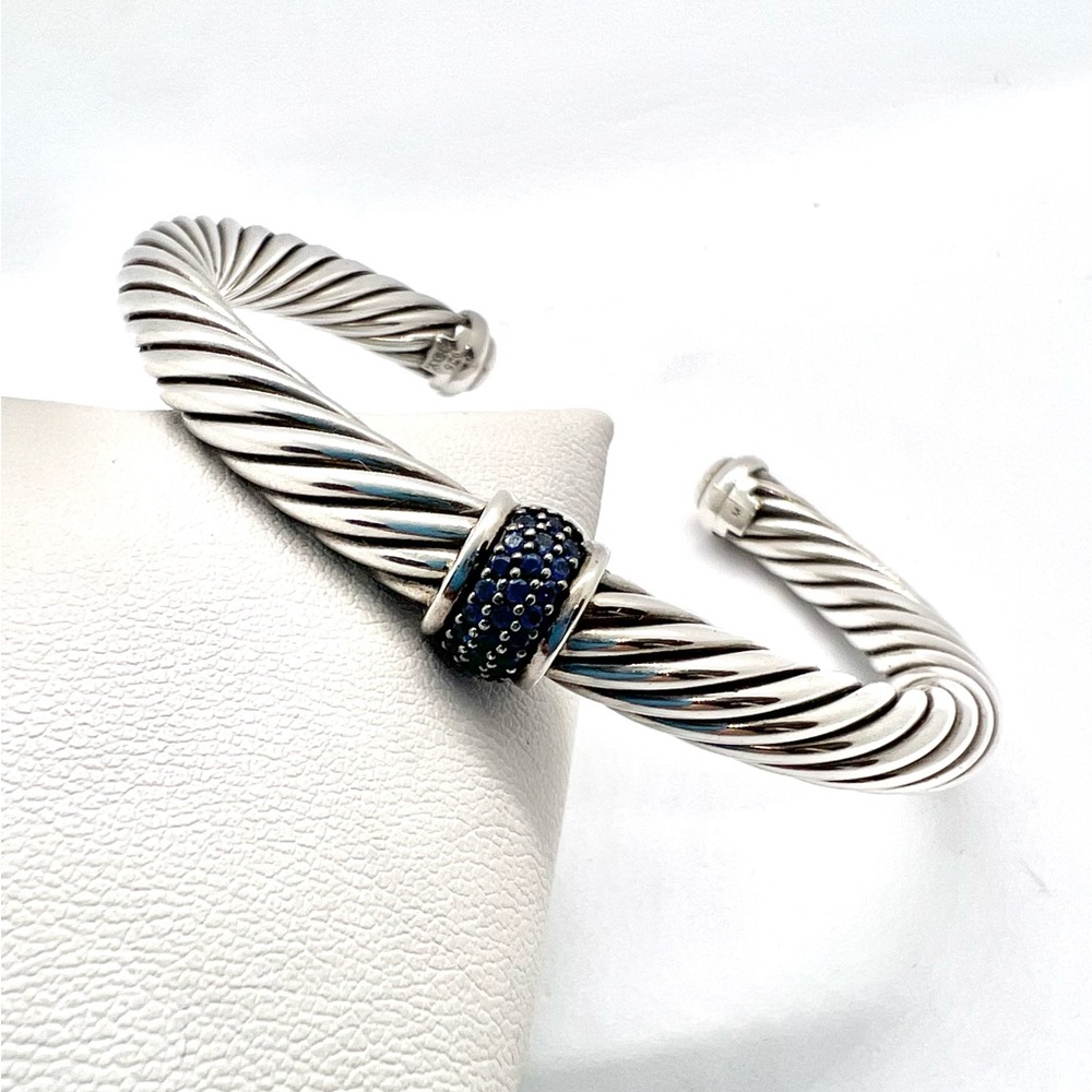 David Yurman Sterling Silver and Pave Blue Sapphire Station Bracelet - Picture 7 of 13